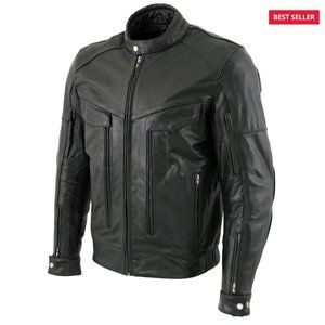 Xelement B4495 Men's Black Leather Cruiser Motorcycle Jacket X-Armor Protection